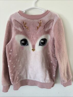 H&M Pink Plush Deer Motif Sweater with Gold Details